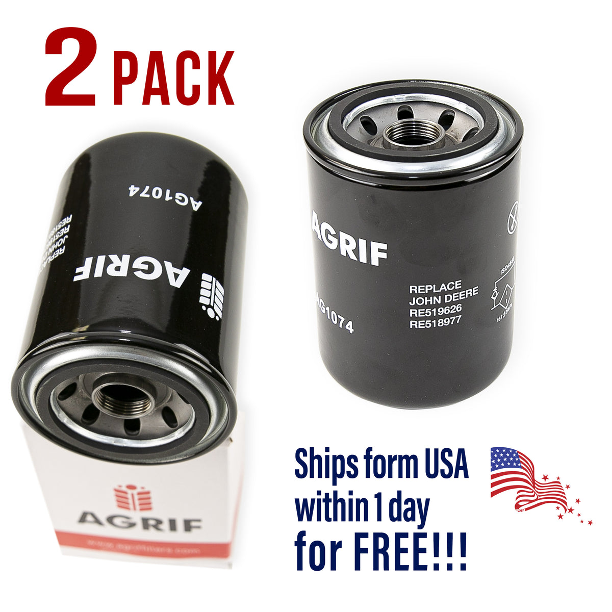Agrif AG1074 Oil Filter for John Deere RE519626 / RE518977 (2-Pack)